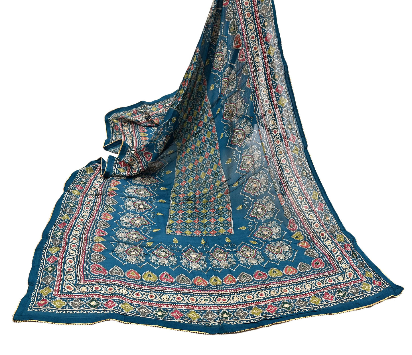 Indian Vintage Dupatta Teal Blue Long Stole Hand Embroidered Printed Pure Silk Scarves Veil Wrap Soft Floral