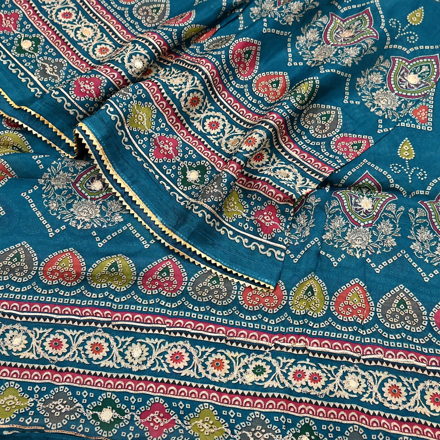Indian Vintage Dupatta Teal Blue Long Stole Hand Embroidered Printed Pure Silk Scarves Veil Wrap Soft Floral