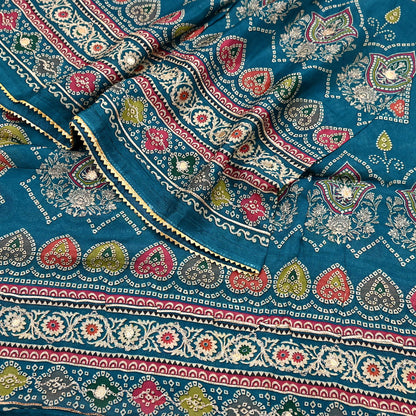 Indian Vintage Dupatta Teal Blue Long Stole Hand Embroidered Printed Pure Silk Scarves Veil Wrap Soft Floral