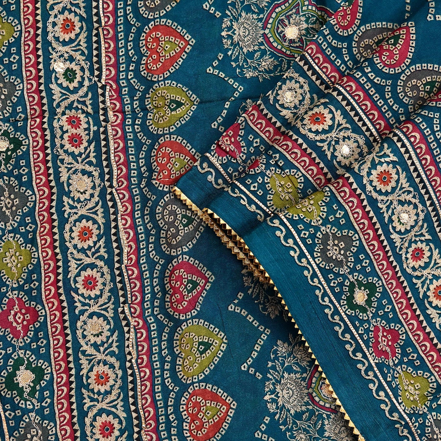 Indian Vintage Dupatta Teal Blue Long Stole Hand Embroidered Printed Pure Silk Scarves Veil Wrap Soft Floral