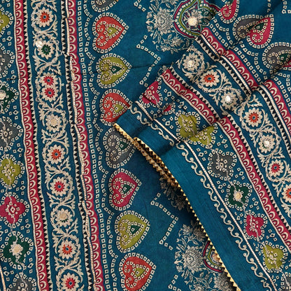Indian Vintage Dupatta Teal Blue Long Stole Hand Embroidered Printed Pure Silk Scarves Veil Wrap Soft Floral