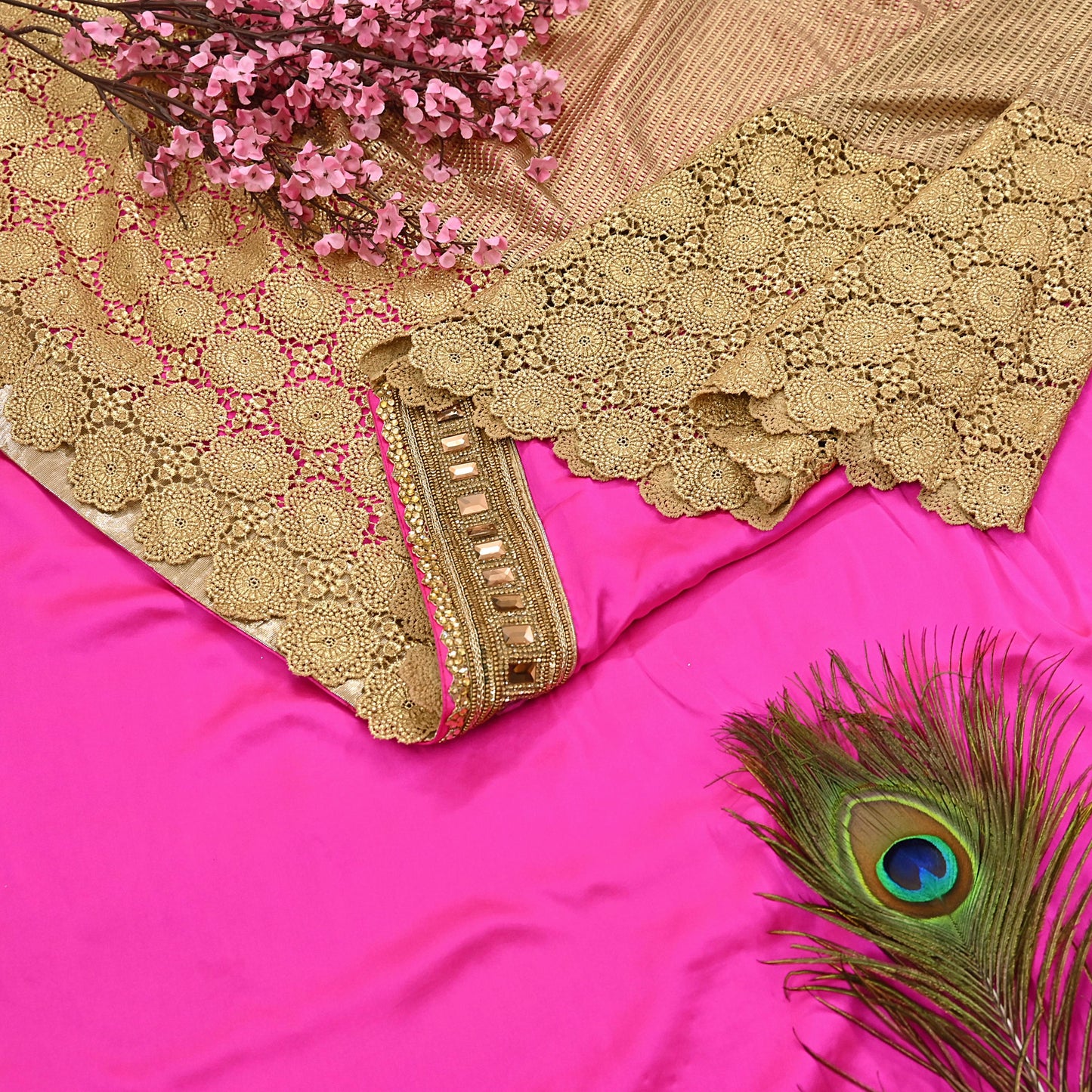 Rare Vintage Pink Golden Net & Pure Satin Silk Saree Heavy Hand Embroidery 6 Yards Wedding Wear Bollywood sarees