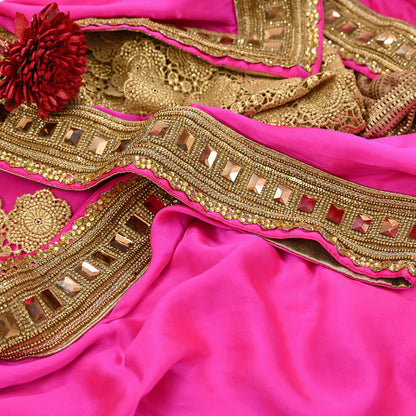 Rare Vintage Pink Golden Net & Pure Satin Silk Saree Heavy Hand Embroidery 6 Yards Wedding Wear Bollywood sarees
