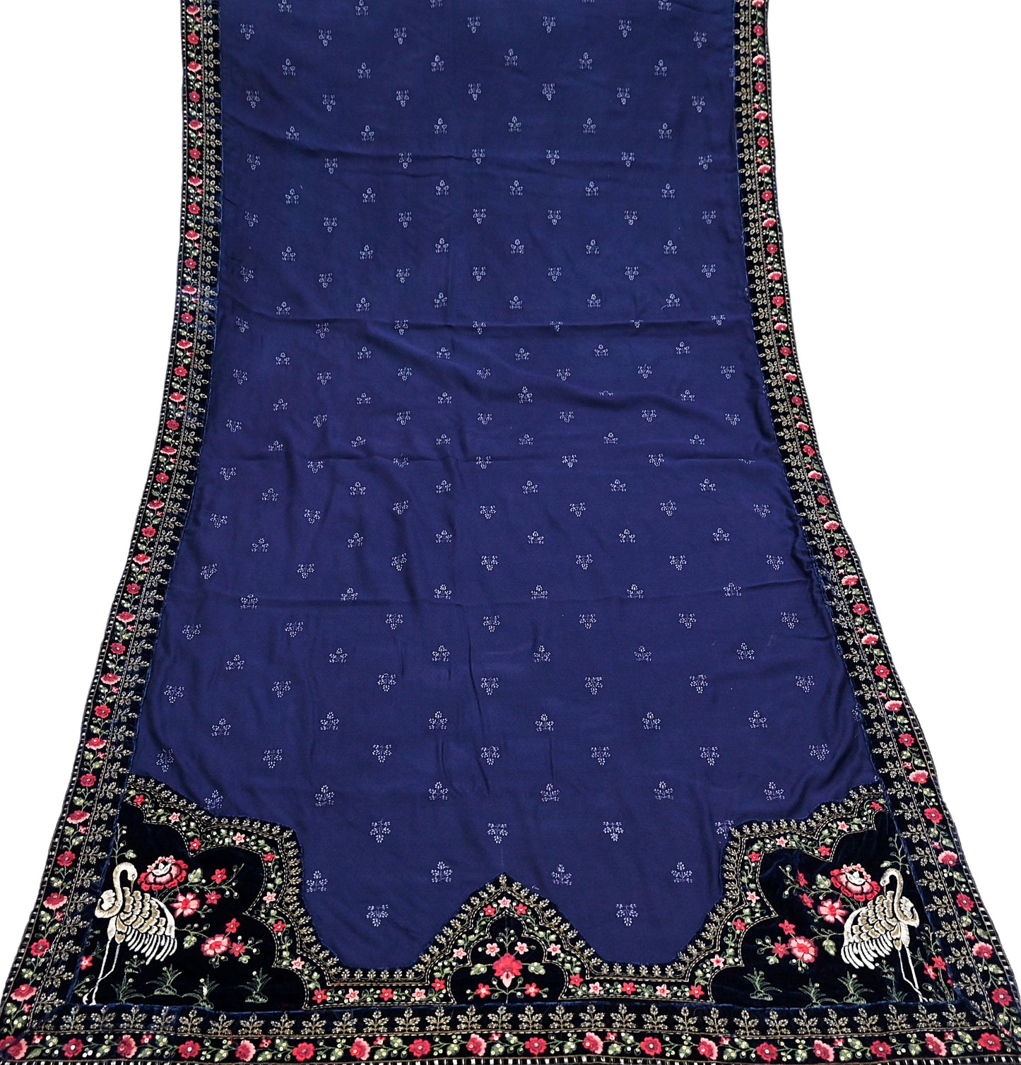 Indian Vintage Blue Blend Cotton Dupatta Hand Embroidered Floral Scarf with Thread work beaded golden lace