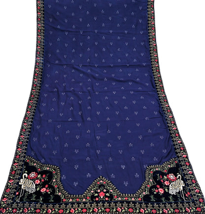 Indian Vintage Blue Blend Cotton Dupatta Hand Embroidered Floral Scarf with Thread work beaded golden lace