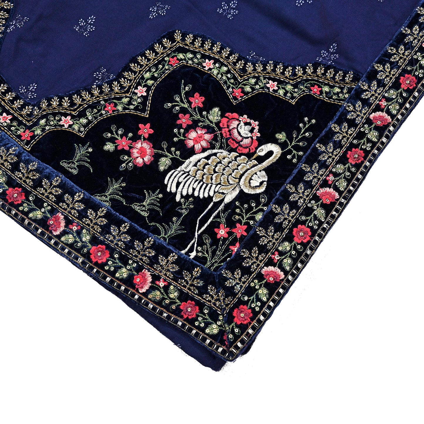 Indian Vintage Blue Blend Cotton Dupatta Hand Embroidered Floral Scarf with Thread work beaded golden lace