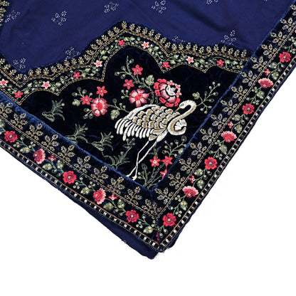 Indian Vintage Blue Blend Cotton Dupatta Hand Embroidered Floral Scarf with Thread work beaded golden lace