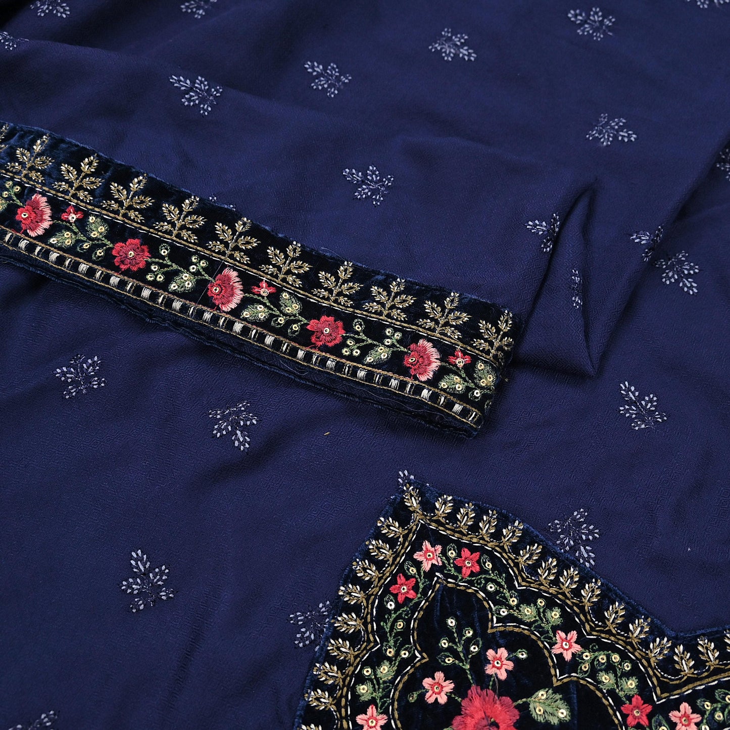 Indian Vintage Blue Blend Cotton Dupatta Hand Embroidered Floral Scarf with Thread work beaded golden lace