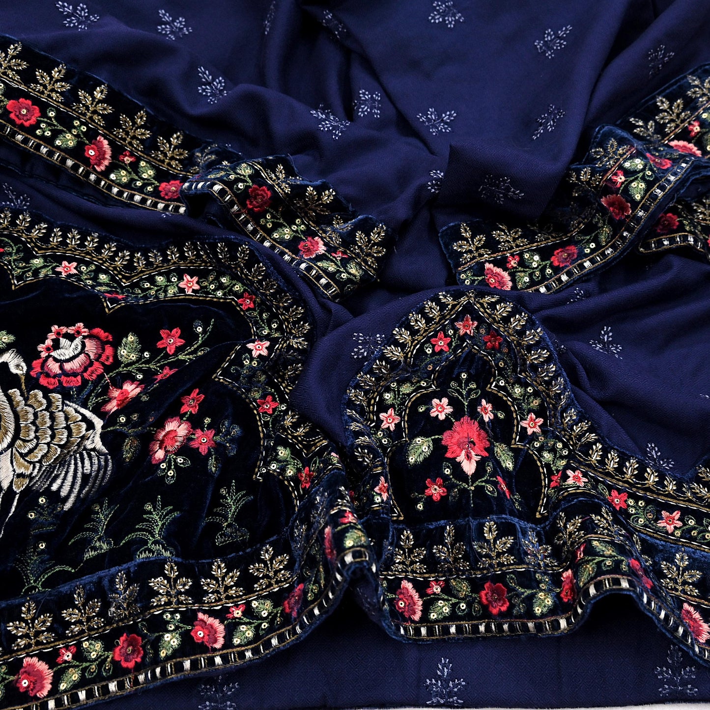 Indian Vintage Blue Blend Cotton Dupatta Hand Embroidered Floral Scarf with Thread work beaded golden lace