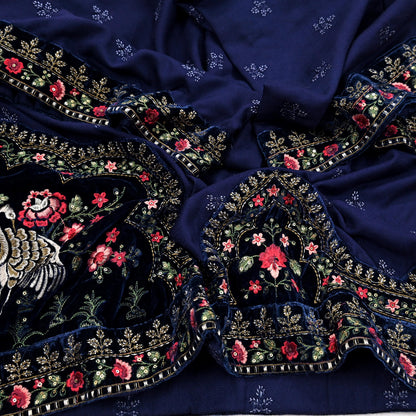 Indian Vintage Blue Blend Cotton Dupatta Hand Embroidered Floral Scarf with Thread work beaded golden lace