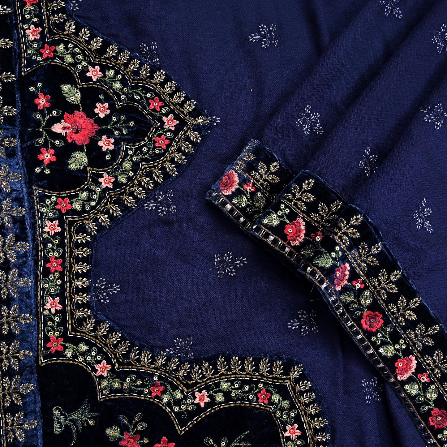Indian Vintage Blue Blend Cotton Dupatta Hand Embroidered Floral Scarf with Thread work beaded golden lace
