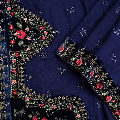 Indian Vintage Blue Blend Cotton Dupatta Hand Embroidered Floral Scarf with Thread work beaded golden lace