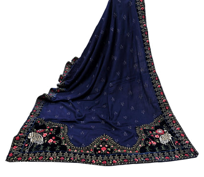 Indian Vintage Blue Blend Cotton Dupatta Hand Embroidered Floral Scarf with Thread work beaded golden lace