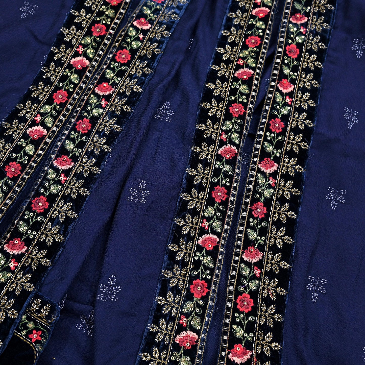 Indian Vintage Blue Blend Cotton Dupatta Hand Embroidered Floral Scarf with Thread work beaded golden lace