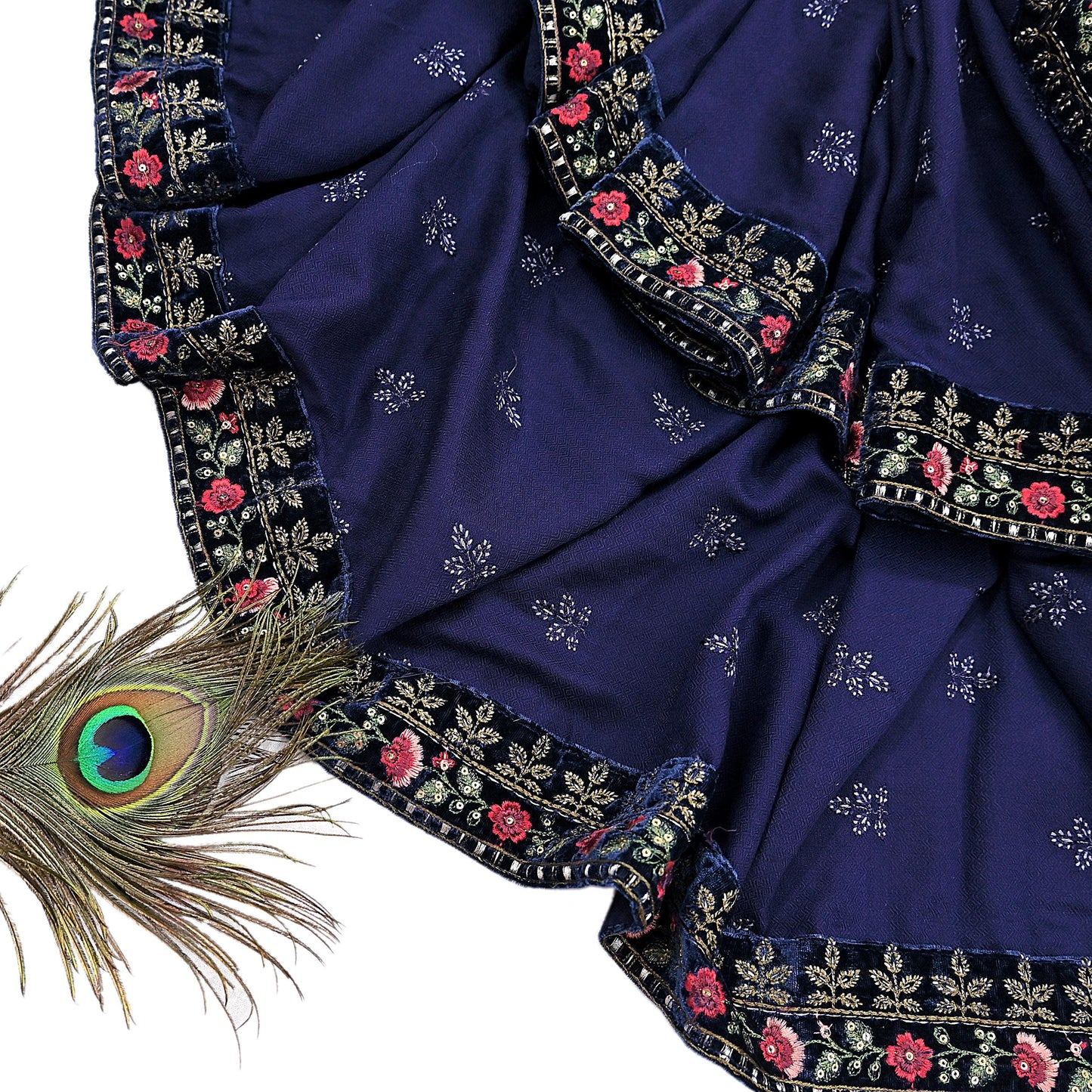 Indian Vintage Blue Blend Cotton Dupatta Hand Embroidered Floral Scarf with Thread work beaded golden lace