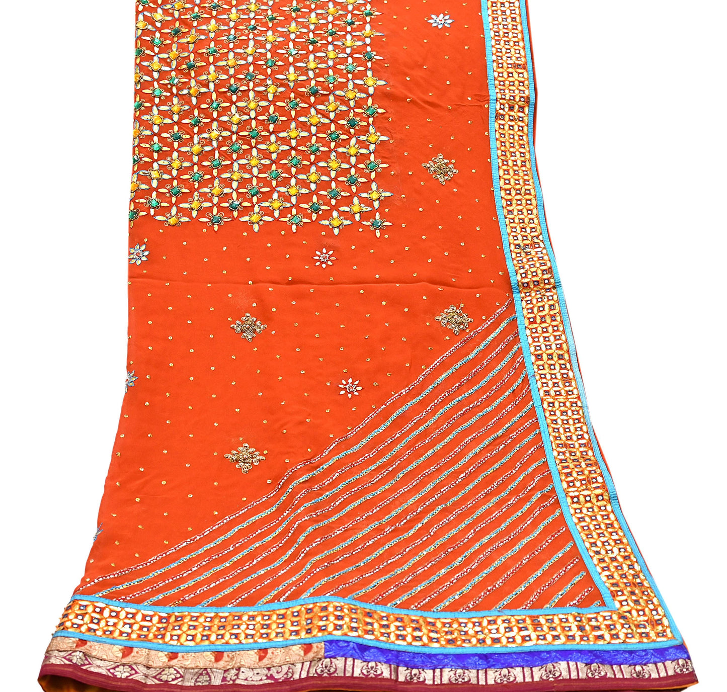 Indian Vintage Heavy Luxury orange Dupatta Pure Georgette Silk Long Stole Hand Embroidered Gota Patti Scarves Zardozi