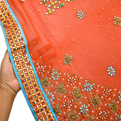 Indian Vintage Heavy Luxury orange Dupatta Pure Georgette Silk Long Stole Hand Embroidered Gota Patti Scarves Zardozi