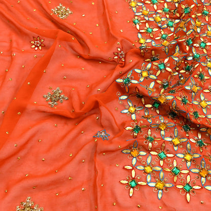 Indian Vintage Heavy Luxury orange Dupatta Pure Georgette Silk Long Stole Hand Embroidered Gota Patti Scarves Zardozi