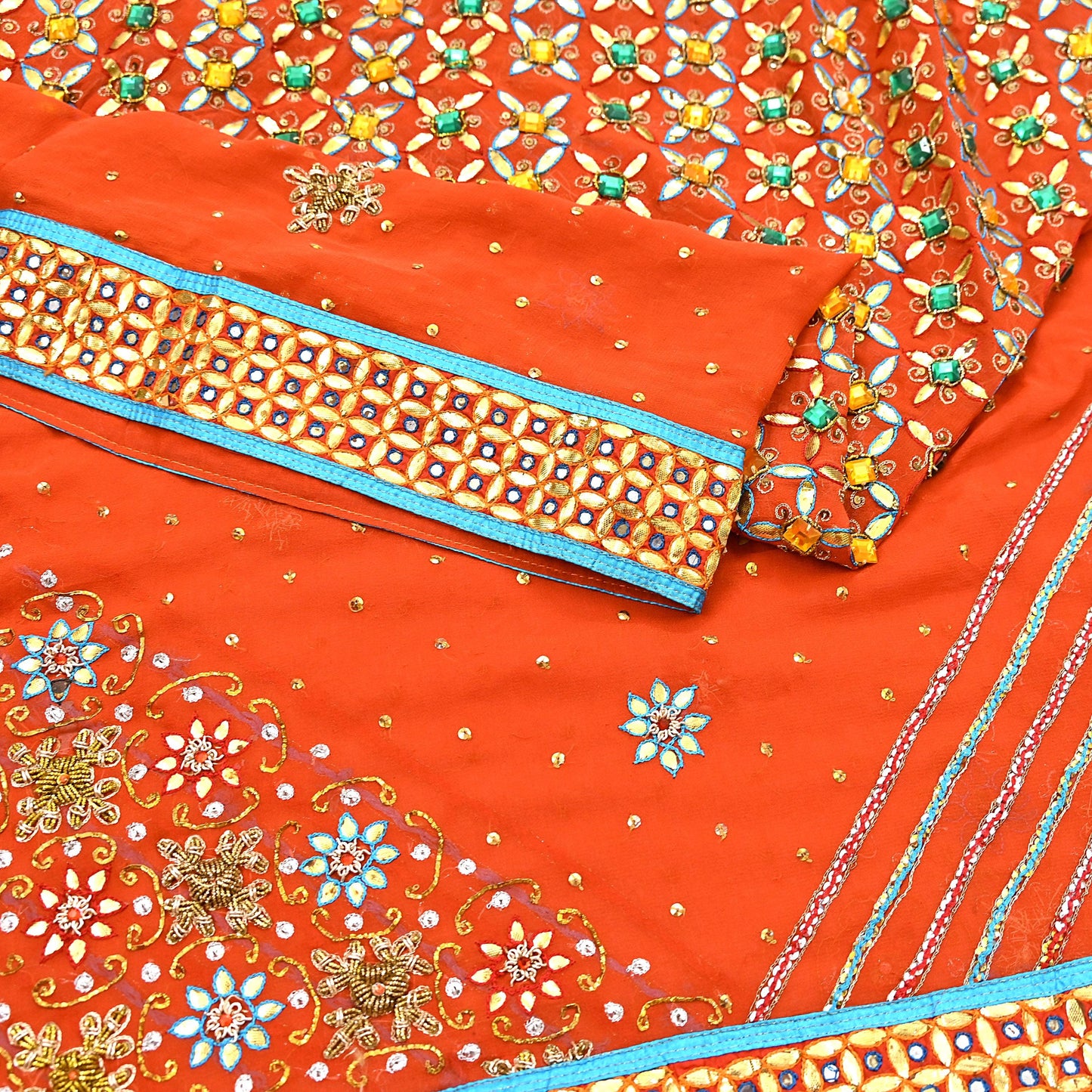Indian Vintage Heavy Luxury orange Dupatta Pure Georgette Silk Long Stole Hand Embroidered Gota Patti Scarves Zardozi