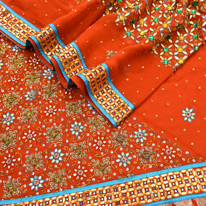 Indian Vintage Heavy Luxury orange Dupatta Pure Georgette Silk Long Stole Hand Embroidered Gota Patti Scarves Zardozi