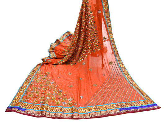 Indian Vintage Heavy Luxury orange Dupatta Pure Georgette Silk Long Stole Hand Embroidered Gota Patti Scarves Zardozi