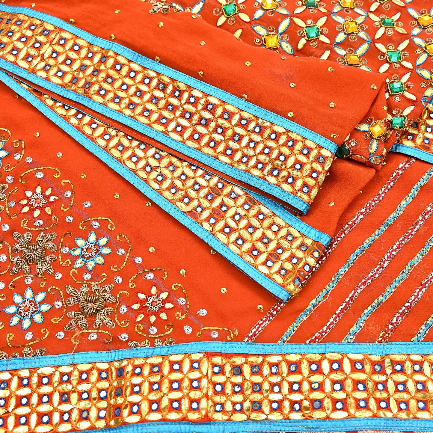 Indian Vintage Heavy Luxury orange Dupatta Pure Georgette Silk Long Stole Hand Embroidered Gota Patti Scarves Zardozi