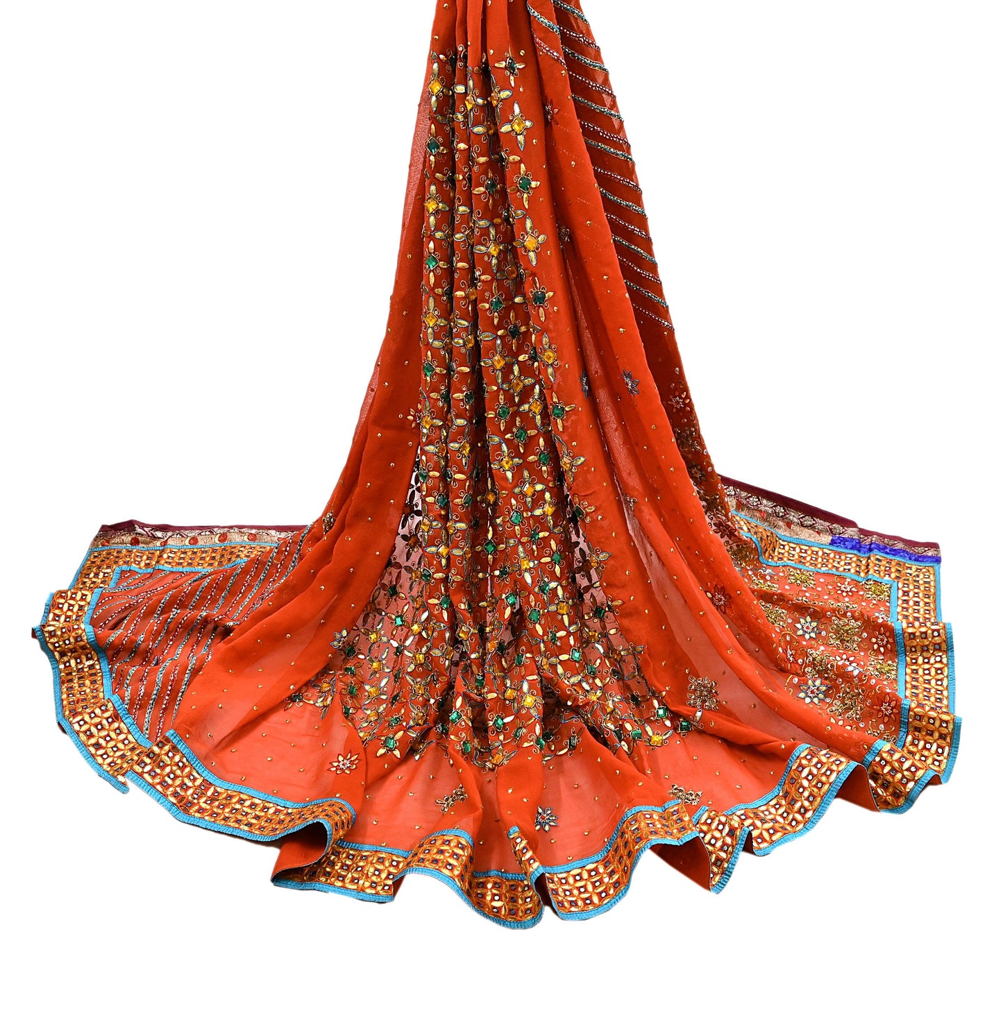 Indian Vintage Heavy Luxury orange Dupatta Pure Georgette Silk Long Stole Hand Embroidered Gota Patti Scarves Zardozi
