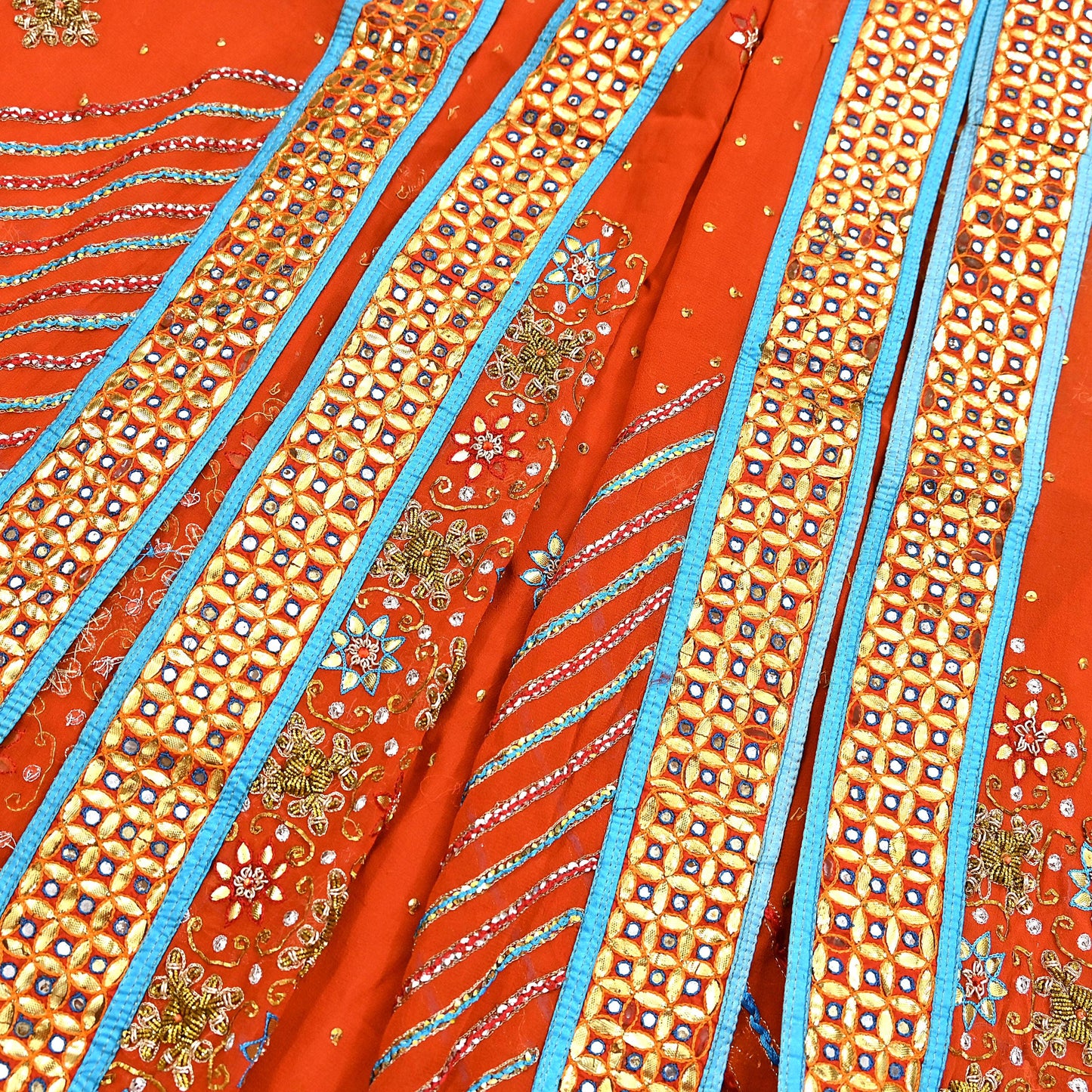 Indian Vintage Heavy Luxury orange Dupatta Pure Georgette Silk Long Stole Hand Embroidered Gota Patti Scarves Zardozi