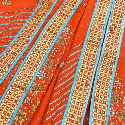 Indian Vintage Heavy Luxury orange Dupatta Pure Georgette Silk Long Stole Hand Embroidered Gota Patti Scarves Zardozi