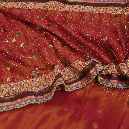 Indian Vintage Sari Red & Saffron Pure Georgette Silk Hand Embroidered Sarees Ethnic Fabric 6Yd Sewing Soft Ethnic Wedding Sarees