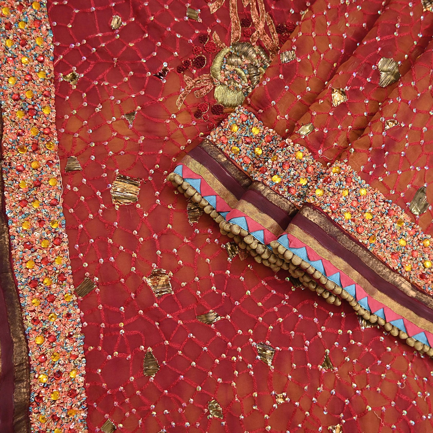 Indian Vintage Sari Red & Saffron Pure Georgette Silk Hand Embroidered Sarees Ethnic Fabric 6Yd Sewing Soft Ethnic Wedding Sarees