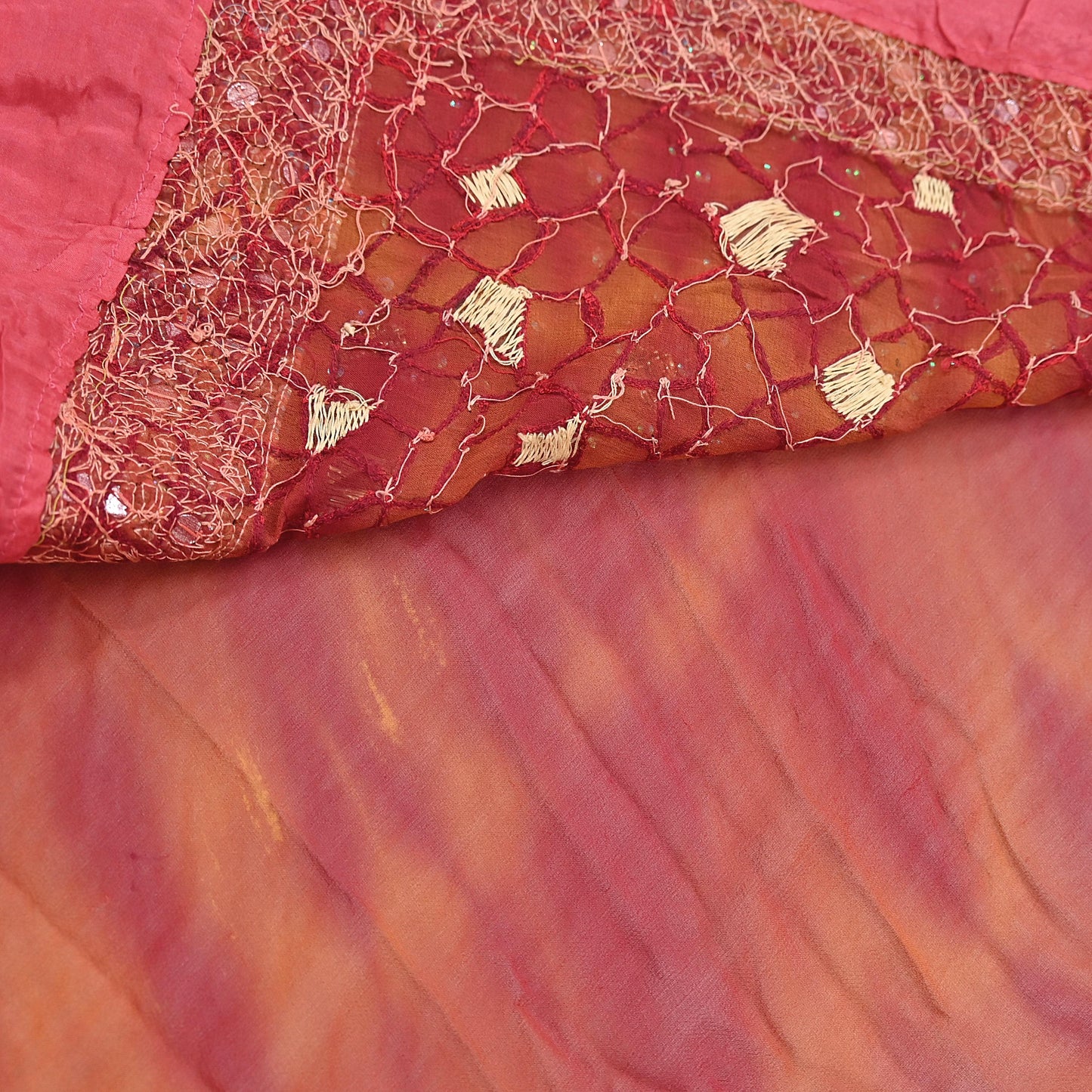 Indian Vintage Sari Red & Saffron Pure Georgette Silk Hand Embroidered Sarees Ethnic Fabric 6Yd Sewing Soft Ethnic Wedding Sarees