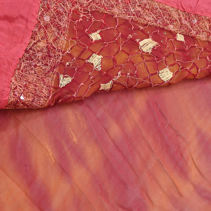 Indian Vintage Sari Red & Saffron Pure Georgette Silk Hand Embroidered Sarees Ethnic Fabric 6Yd Sewing Soft Ethnic Wedding Sarees