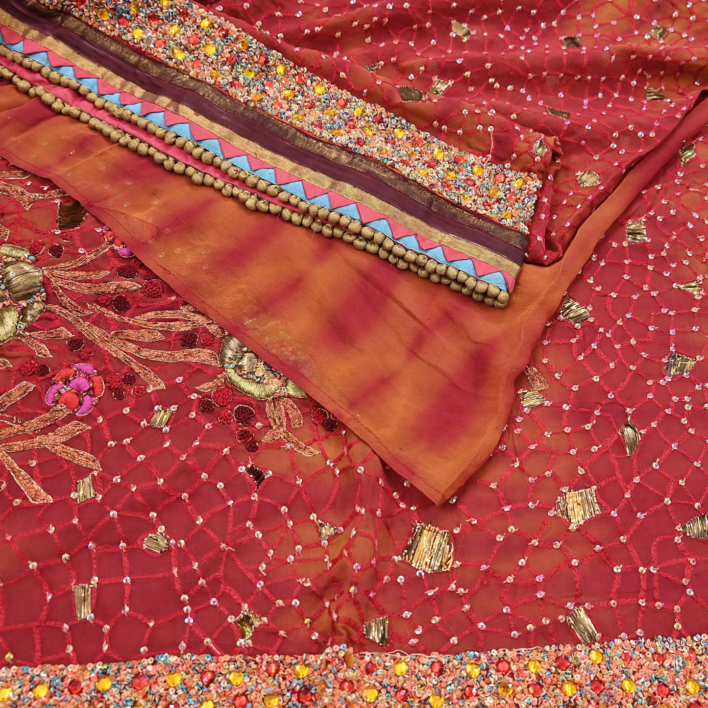 Indian Vintage Sari Red & Saffron Pure Georgette Silk Hand Embroidered Sarees Ethnic Fabric 6Yd Sewing Soft Ethnic Wedding Sarees