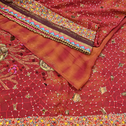 Indian Vintage Sari Red & Saffron Pure Georgette Silk Hand Embroidered Sarees Ethnic Fabric 6Yd Sewing Soft Ethnic Wedding Sarees