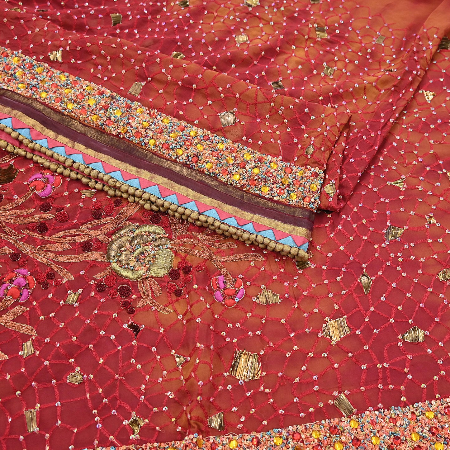 Indian Vintage Sari Red & Saffron Pure Georgette Silk Hand Embroidered Sarees Ethnic Fabric 6Yd Sewing Soft Ethnic Wedding Sarees