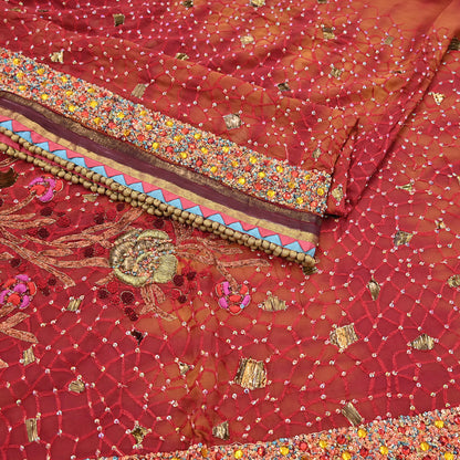 Indian Vintage Sari Red & Saffron Pure Georgette Silk Hand Embroidered Sarees Ethnic Fabric 6Yd Sewing Soft Ethnic Wedding Sarees