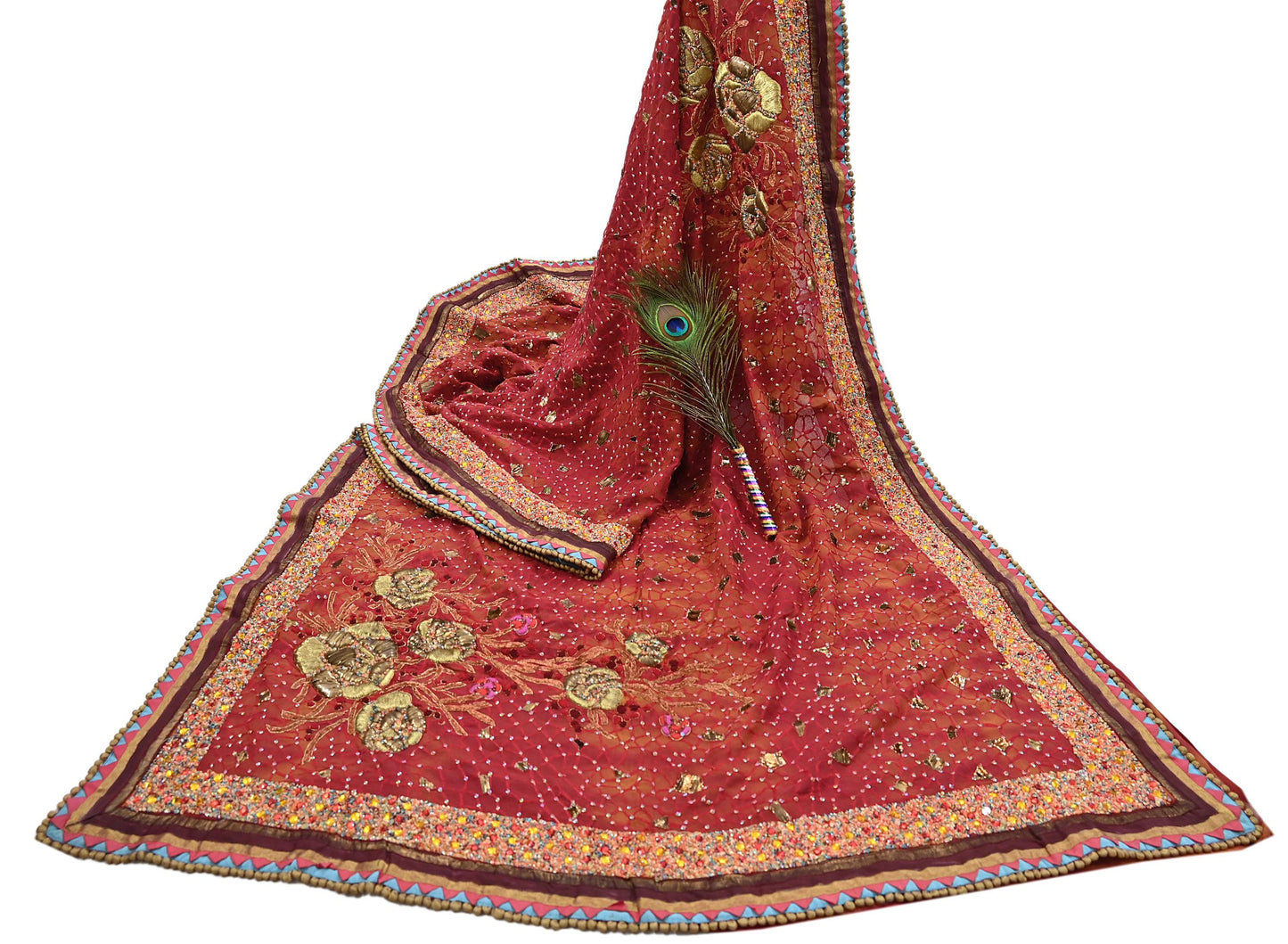 Indian Vintage Sari Red & Saffron Pure Georgette Silk Hand Embroidered Sarees Ethnic Fabric 6Yd Sewing Soft Ethnic Wedding Sarees