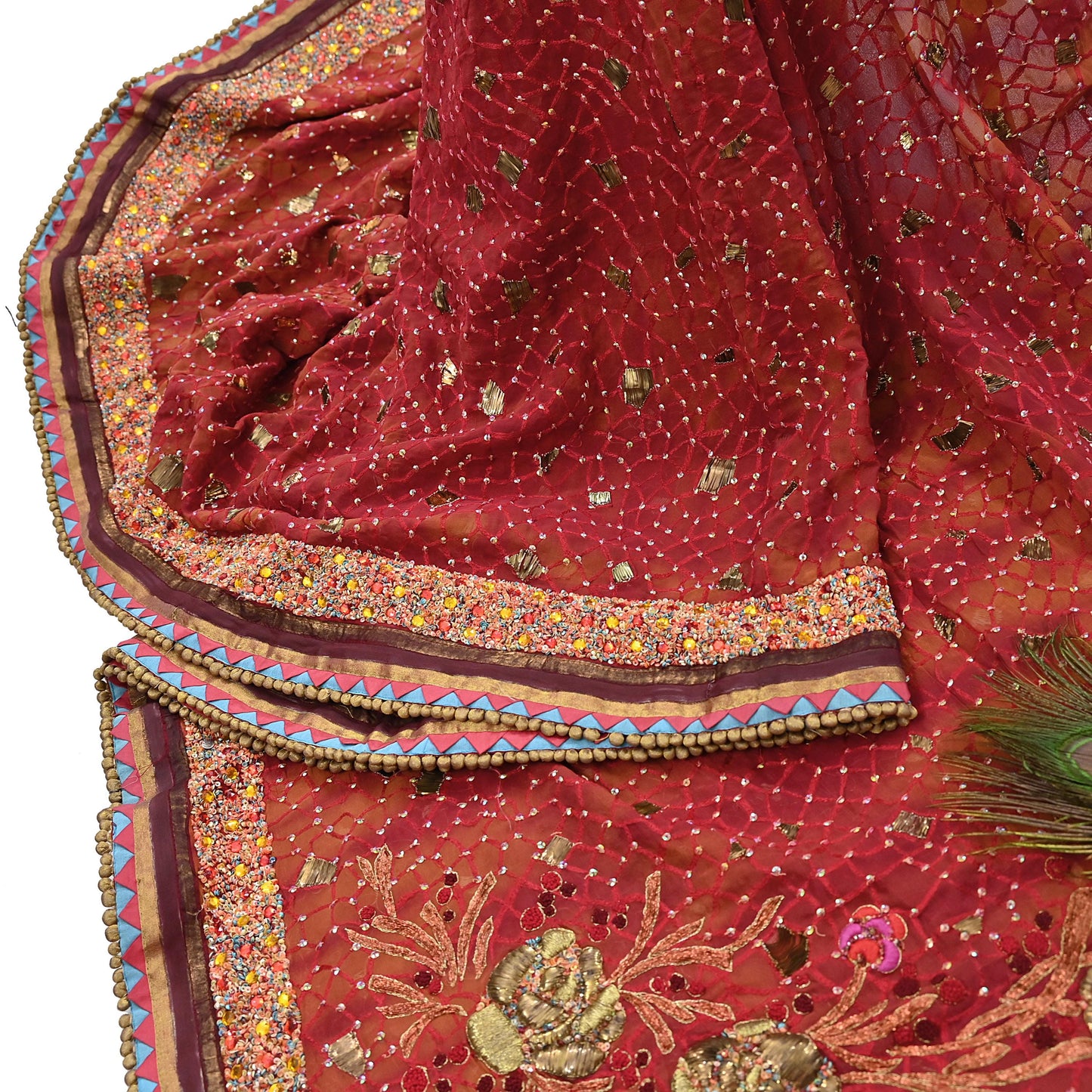 Indian Vintage Sari Red & Saffron Pure Georgette Silk Hand Embroidered Sarees Ethnic Fabric 6Yd Sewing Soft Ethnic Wedding Sarees