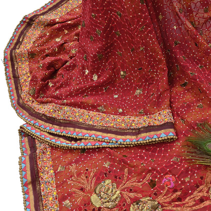 Indian Vintage Sari Red & Saffron Pure Georgette Silk Hand Embroidered Sarees Ethnic Fabric 6Yd Sewing Soft Ethnic Wedding Sarees