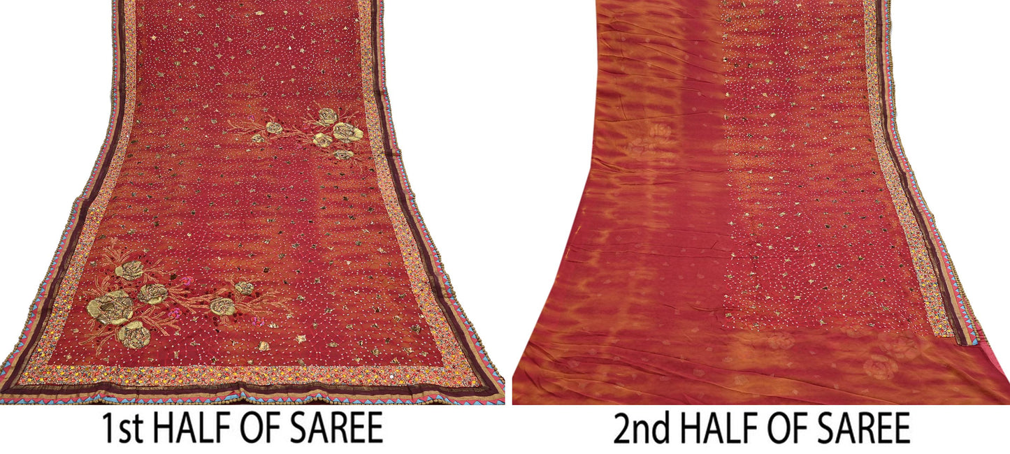 Indian Vintage Sari Red & Saffron Pure Georgette Silk Hand Embroidered Sarees Ethnic Fabric 6Yd Sewing Soft Ethnic Wedding Sarees