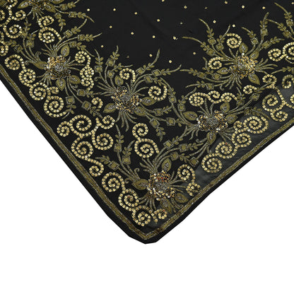 Indian Vintage Sari Black Pure Georgette Silk Hand Embroidered Sarees Craft Fabric 5Yd Sewing Soft Ethnic Wedding Sarees with blouse fabric