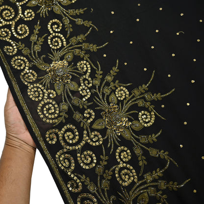 Indian Vintage Sari Black Pure Georgette Silk Hand Embroidered Sarees Craft Fabric 5Yd Sewing Soft Ethnic Wedding Sarees with blouse fabric