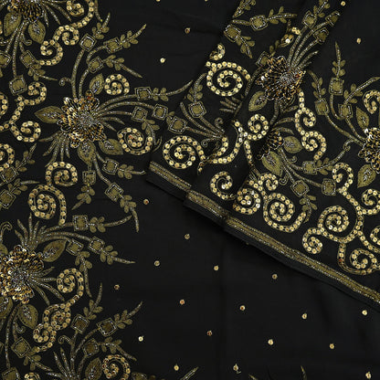 Indian Vintage Sari Black Pure Georgette Silk Hand Embroidered Sarees Craft Fabric 5Yd Sewing Soft Ethnic Wedding Sarees with blouse fabric