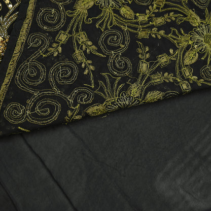 Indian Vintage Sari Black Pure Georgette Silk Hand Embroidered Sarees Craft Fabric 5Yd Sewing Soft Ethnic Wedding Sarees with blouse fabric
