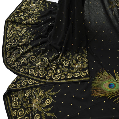 Indian Vintage Sari Black Pure Georgette Silk Hand Embroidered Sarees Craft Fabric 5Yd Sewing Soft Ethnic Wedding Sarees with blouse fabric