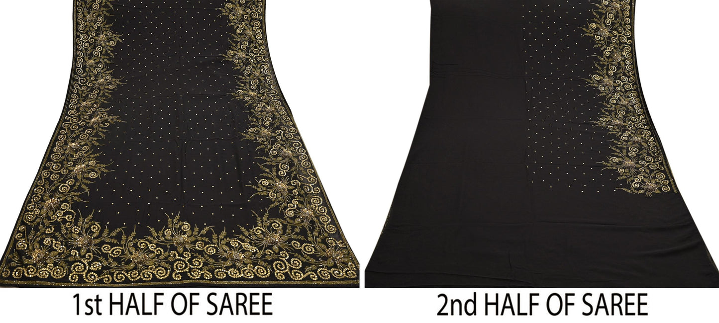 Indian Vintage Sari Black Pure Georgette Silk Hand Embroidered Sarees Craft Fabric 5Yd Sewing Soft Ethnic Wedding Sarees with blouse fabric