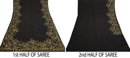 Indian Vintage Sari Black Pure Georgette Silk Hand Embroidered Sarees Craft Fabric 5Yd Sewing Soft Ethnic Wedding Sarees with blouse fabric