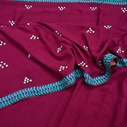 Indian Vintage Heavy Sarees Maroon Pure Georgette Silk Hand Embroidered Sari Fabric 6Yd Sewing Ethnic Zardozi/dabka zari With Blouse Pcs