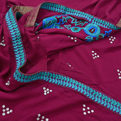 Indian Vintage Heavy Sarees Maroon Pure Georgette Silk Hand Embroidered Sari Fabric 6Yd Sewing Ethnic Zardozi/dabka zari With Blouse Pcs